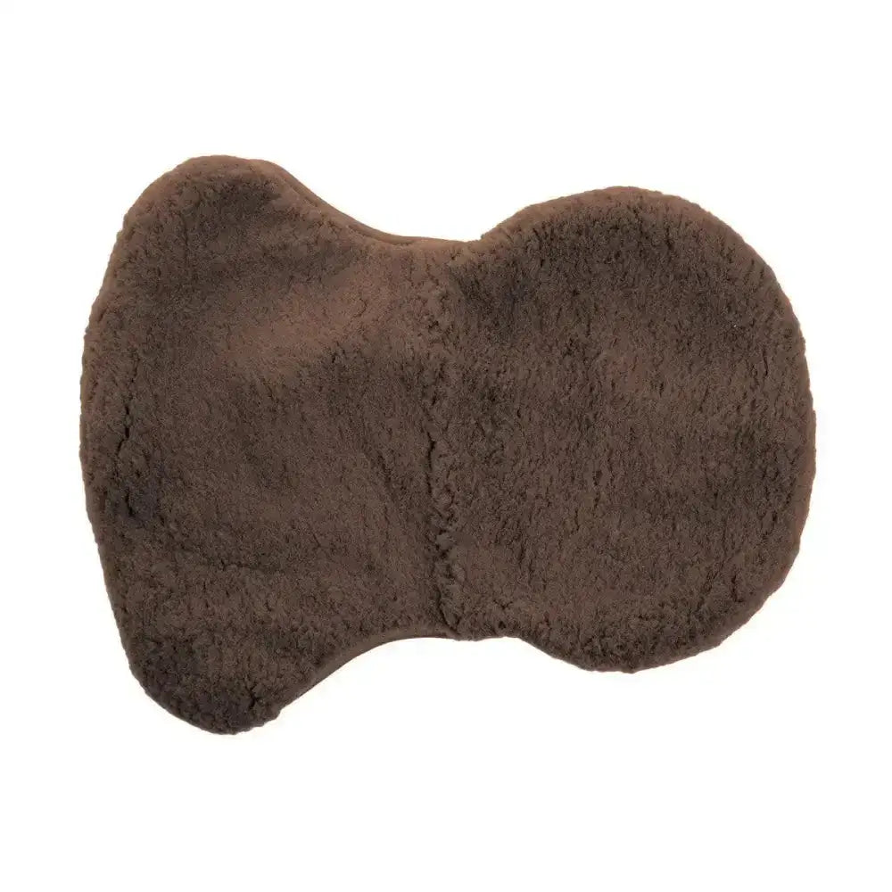 Brown plush sheepskin equestrian seat saver with soft textured surface and classic bow shape for saddle covers