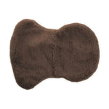 Brown plush sheepskin equestrian seat saver with soft textured surface and classic bow shape for saddle covers