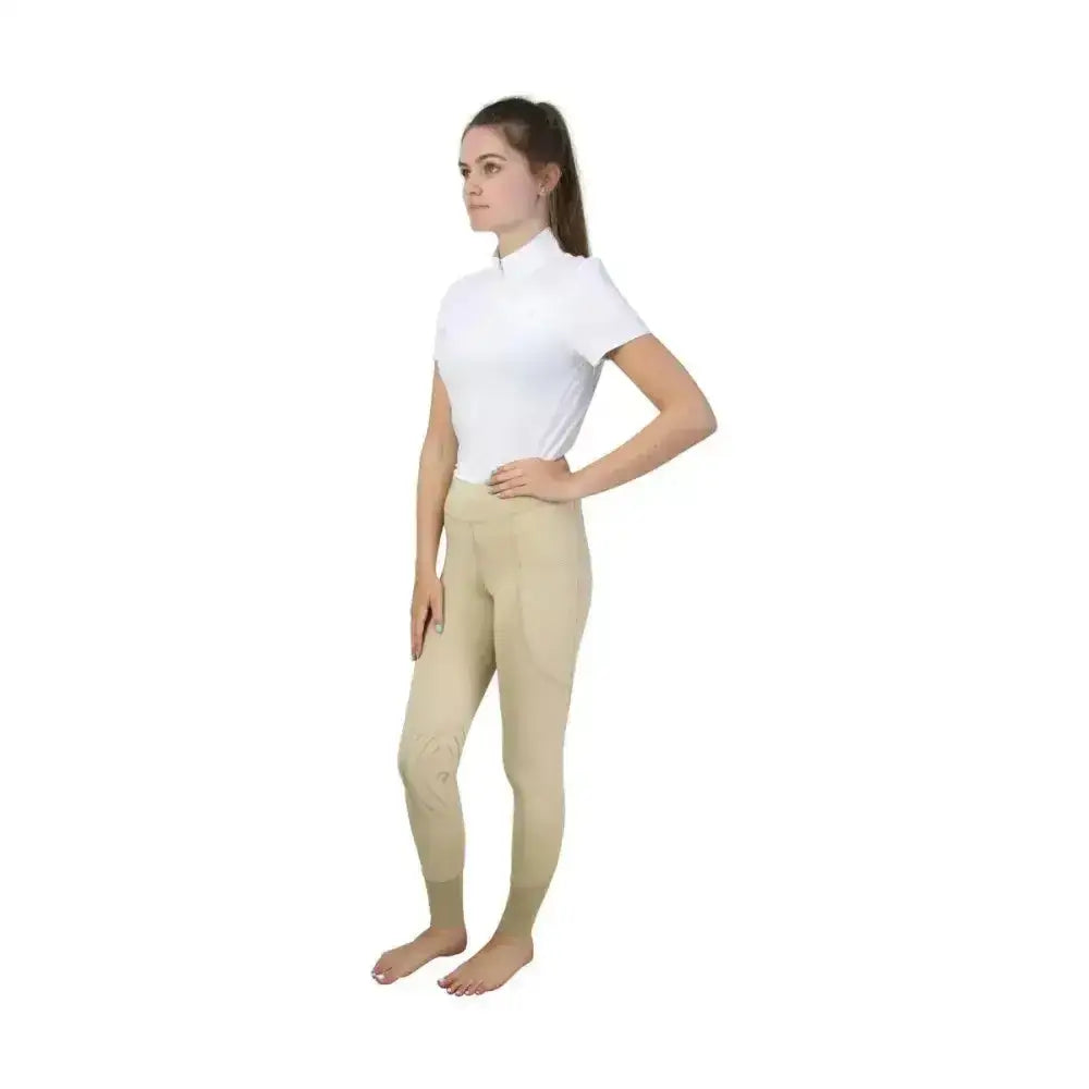 Beige hy equestrian selah competition riding tights with high waist and reinforced knee patches for riding comfort