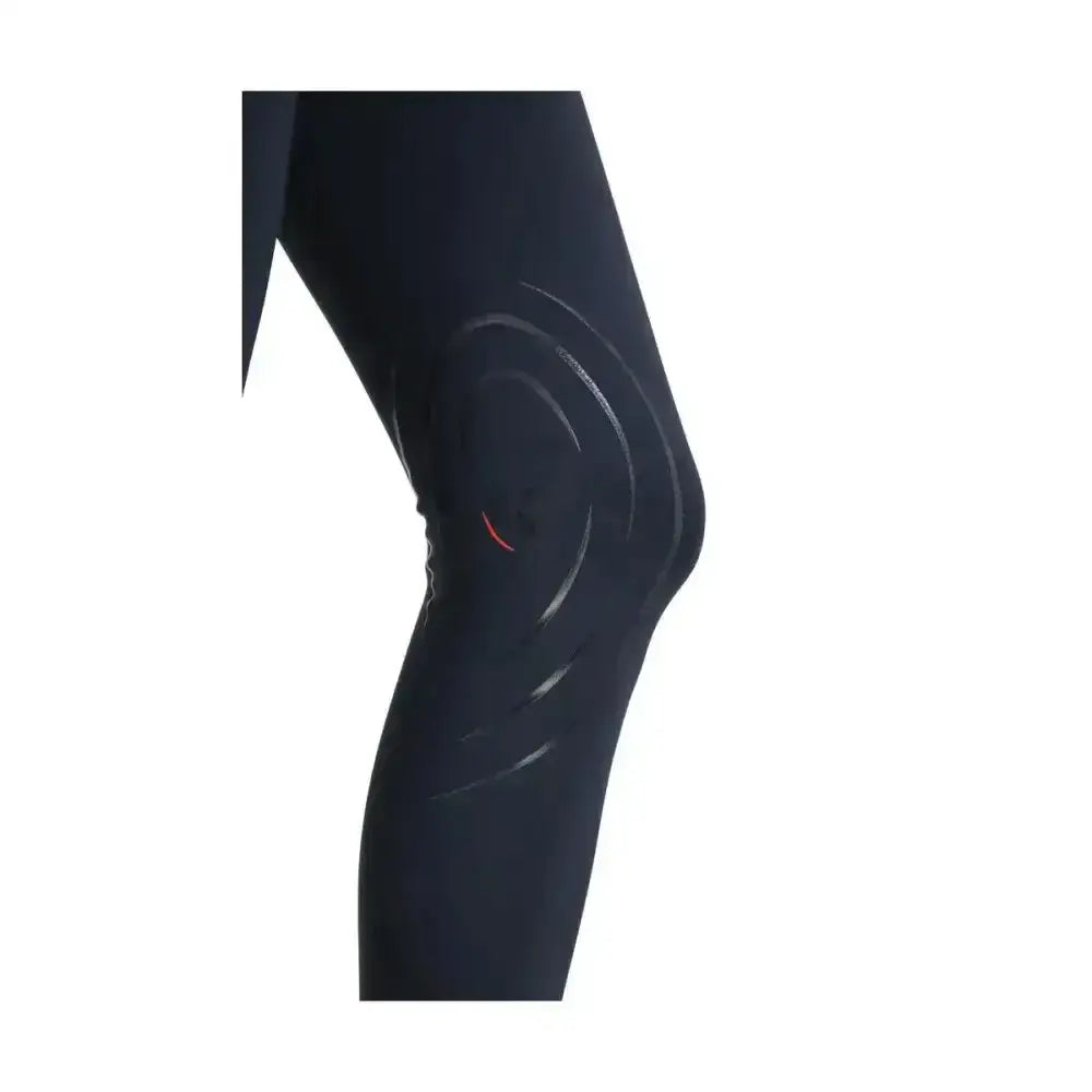 Black knee pad with sleek contoured design and red accents on hy equestrian selah competition riding tights