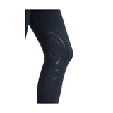 Black knee pad with sleek contoured design and red accents on hy equestrian selah competition riding tights
