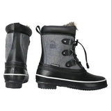 Black and gray short mont dolent winter boots with faux fur lining rubber soles and adjustable strap closures