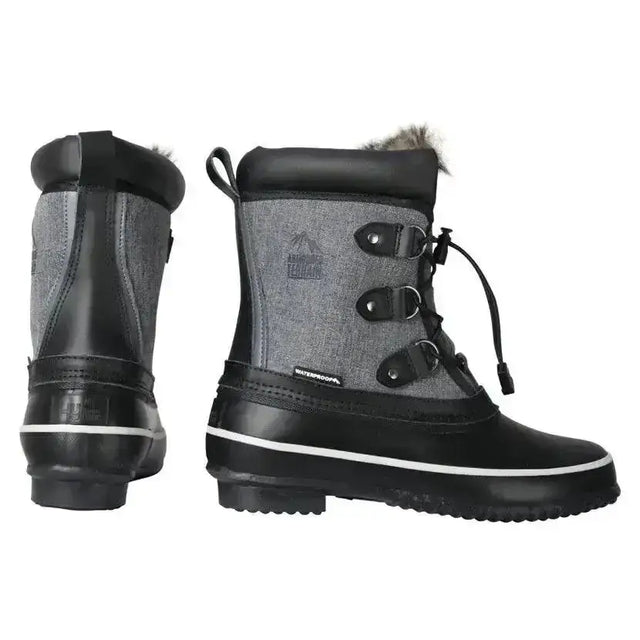 Black and gray short mont dolent winter boots with faux fur lining rubber soles and adjustable strap closures