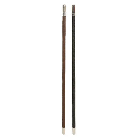 Two hy equestrian showing canes with brown and black leather bodies and silver caps on both ends