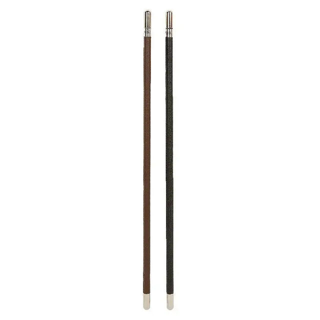 Two hy equestrian showing canes with brown and black leather bodies and silver caps on both ends