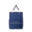 Navy blue hy equestrian show kit bag with white stitching and silver hardware perfect for riding apparel storage