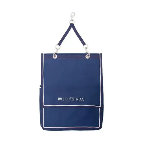 Navy blue hy equestrian show kit bag with white stitching and silver hardware perfect for riding apparel storage