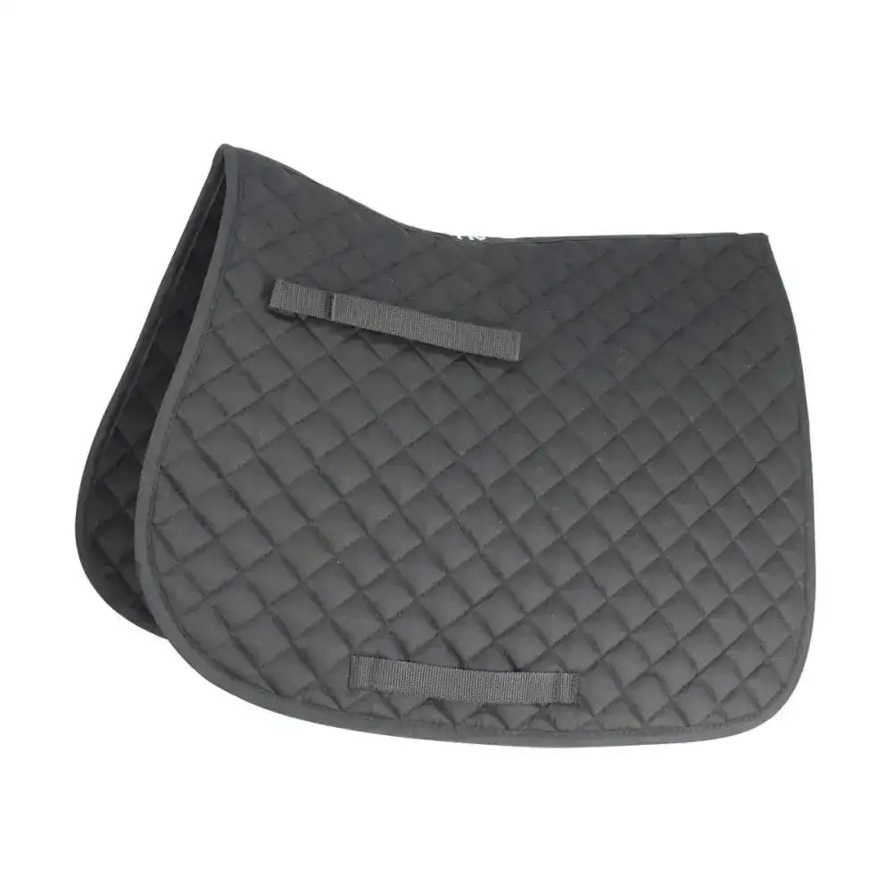 Black quilted hy equestrian showjump saddle cloth with diamond stitching and gray strap tabs, saddle pad ideal for riding