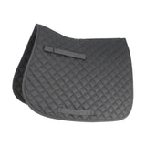Black quilted hy equestrian showjump saddle cloth with diamond stitching and gray strap tabs, saddle pad ideal for riding