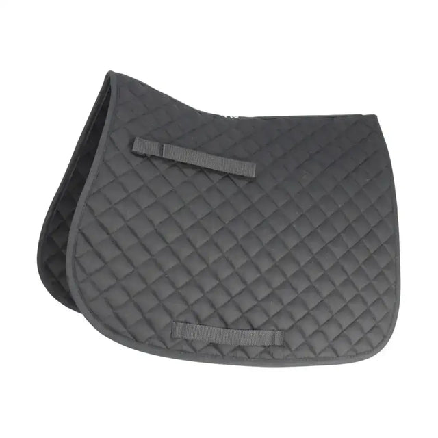 Black quilted hy equestrian showjump saddle cloth with diamond stitching and gray strap tabs, saddle pad ideal for riding