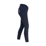 Navy blue equestrian signature breeches with small embroidered logo on back pocket showing the smart breech designed side