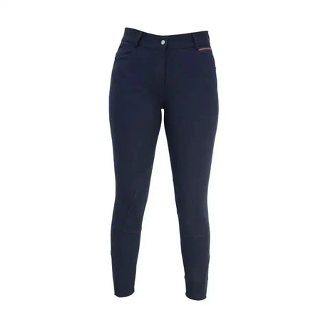 Navy blue hy equestrian signature breeches with sleek fit and subtle pink stitching on waistband smart breech designed