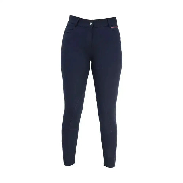 Navy blue hy equestrian signature breeches with sleek fit and subtle pink stitching on waistband smart breech designed