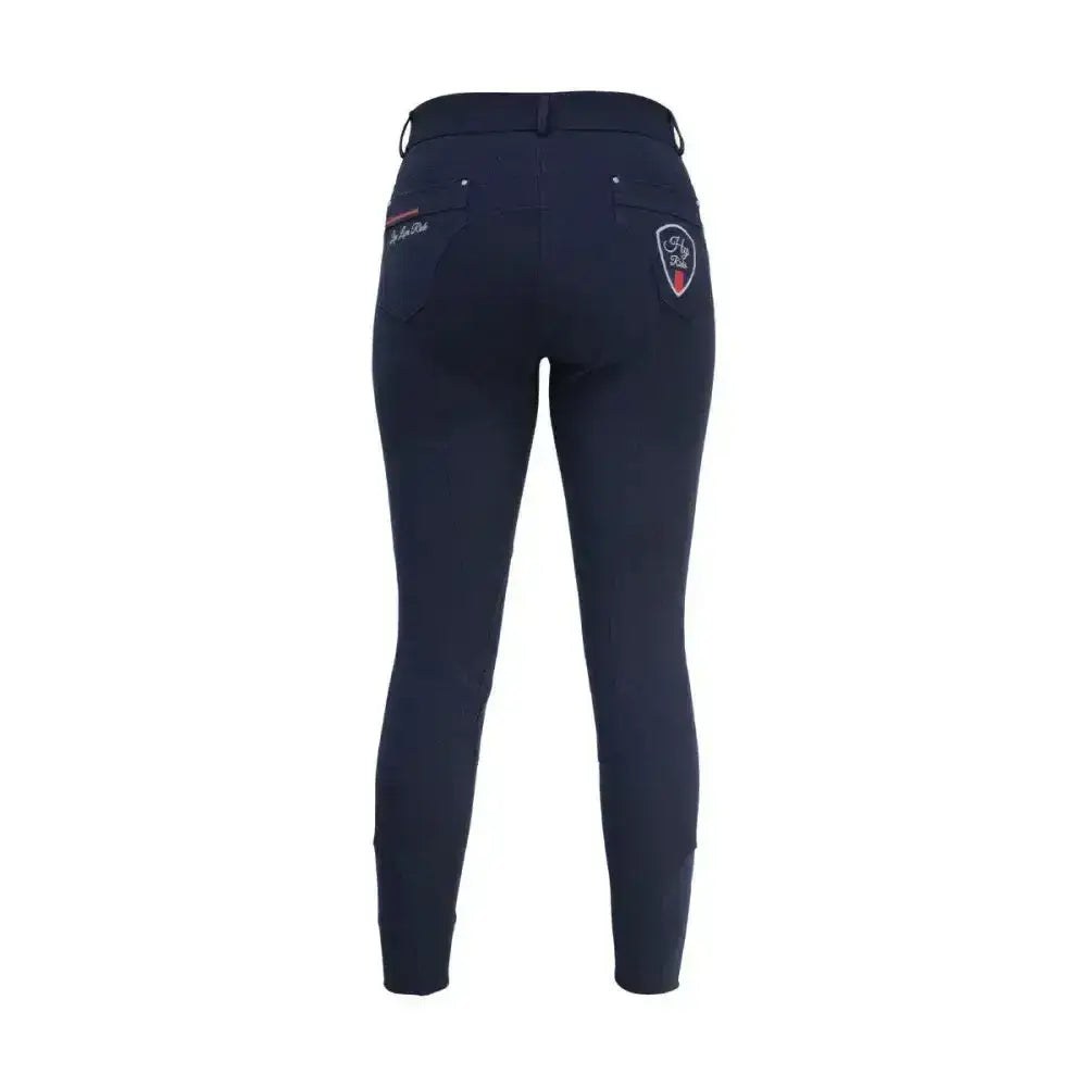 Navy blue hy equestrian signature breeches back view with subtle embroidered logo on back right pocket smart breech designed