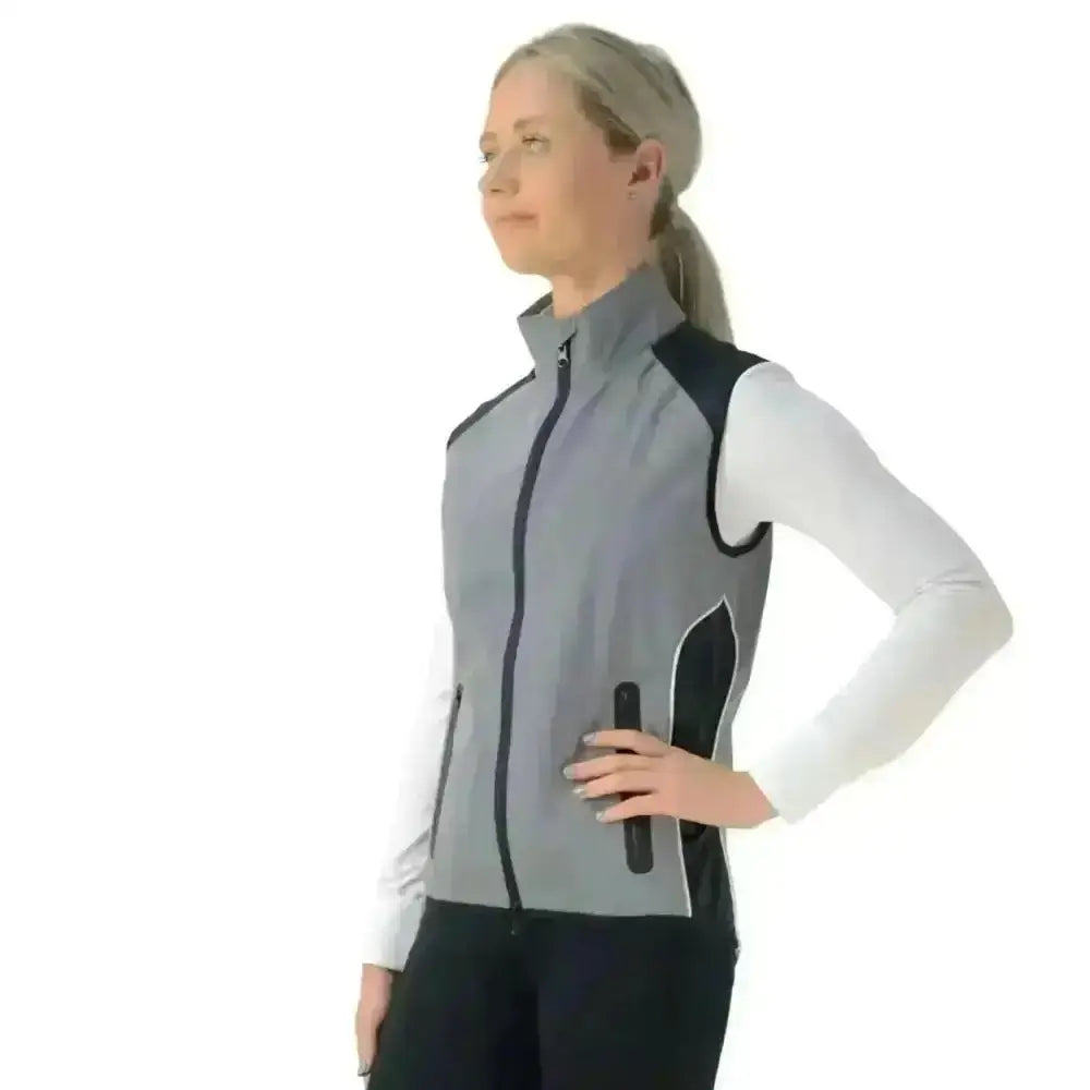 Gray and black hy equestrian silva flash reflective gilet with zippered front and side pockets for riding safety
