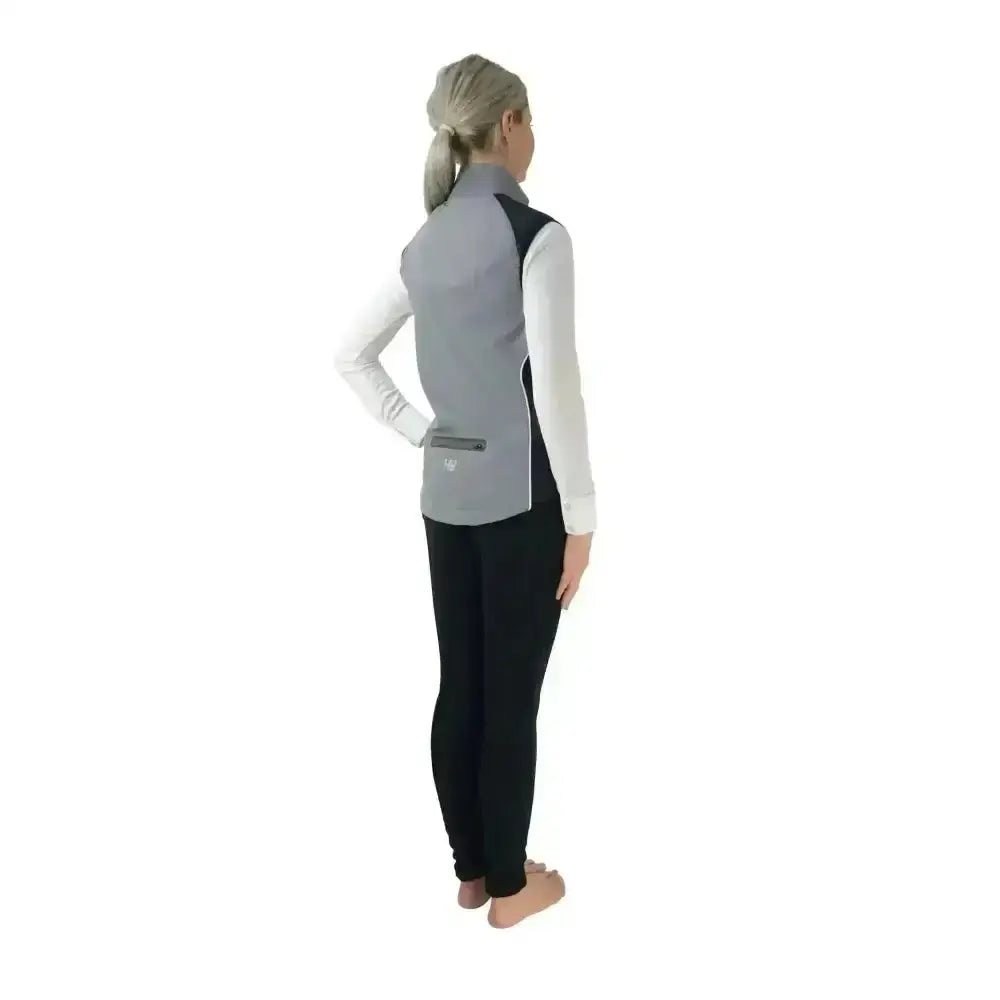 Gray and black hy equestrian silva flash reflective gilet with a highly reflective zipper pocket for safety and style