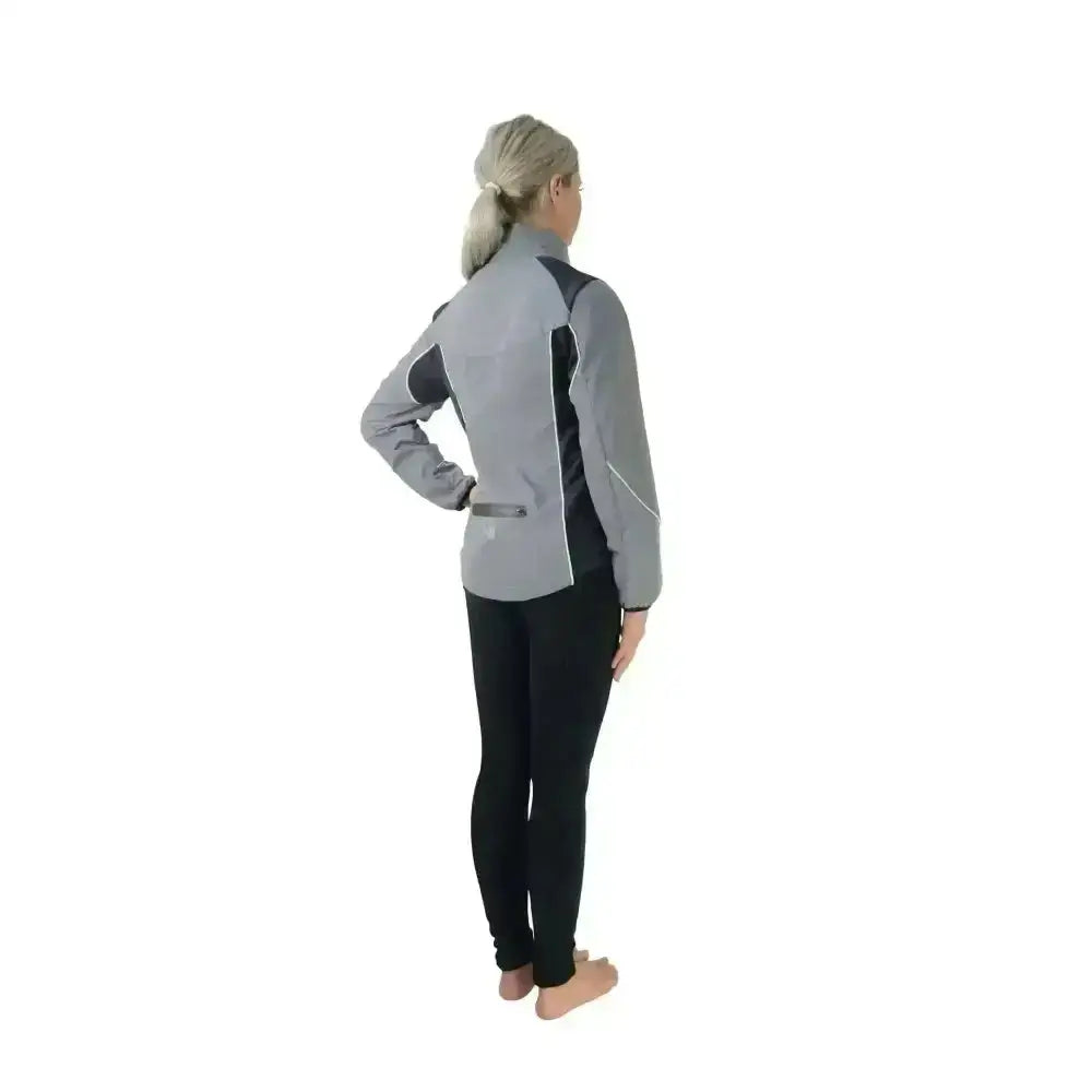 Gray and black hy equestrian silva flash reflective jacket with reflective stripes for high visibility and sporty look
