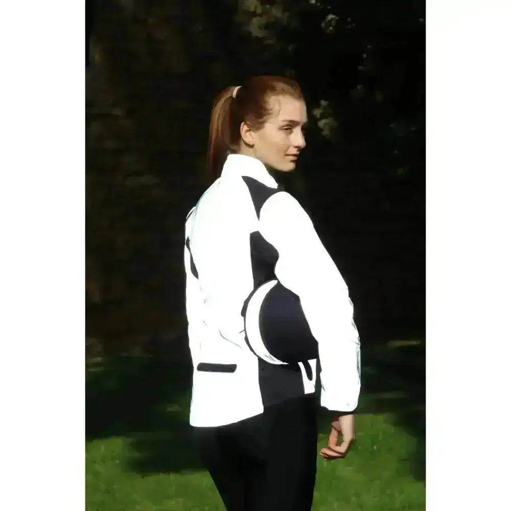White and black hy equestrian silva flash reflective jacket with bold geometric patterns for night riding safety