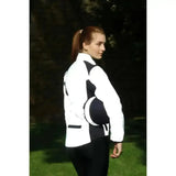 White and black hy equestrian silva flash reflective jacket with bold geometric patterns for night riding safety
