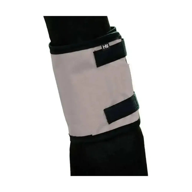 Black and white hy equestrian silva flash reflective leg wrap with adjustable velcro straps for horses