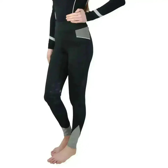 Black hy equestrian silva flash riding tights with gray reflective panels on sides cuffs and side pocket