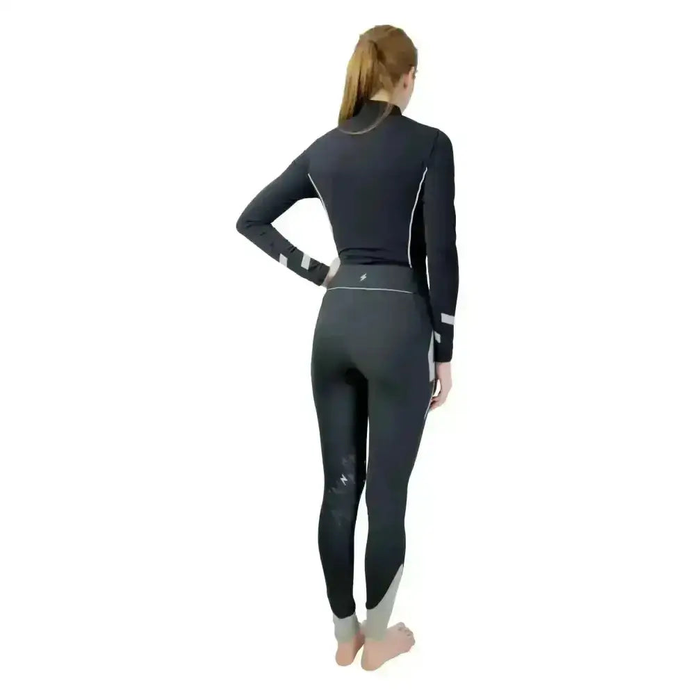 Black long-sleeved wetsuit with white reflective stripes and high collar for equestrian silva flash riding use