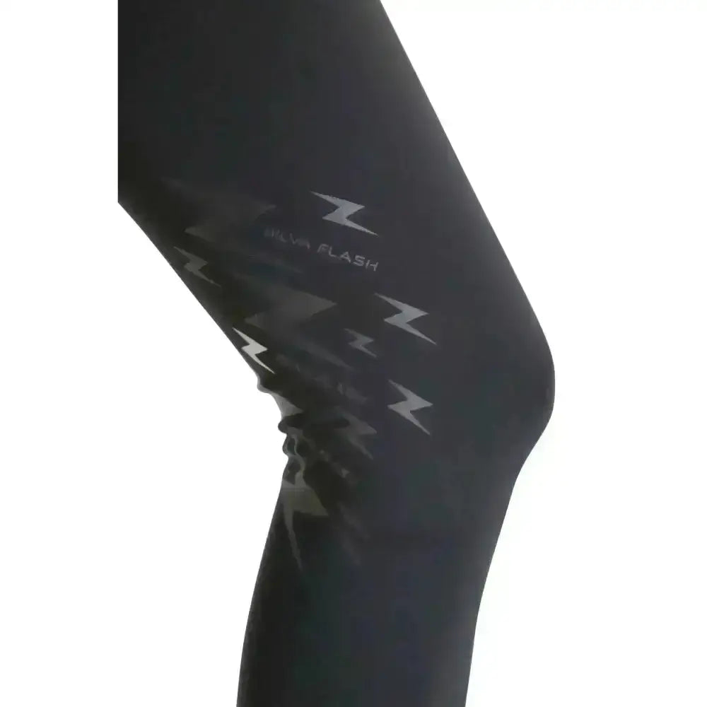 Black Hy equestrian silva flash riding tights with white lightning bolt graphics and flash branding on the front