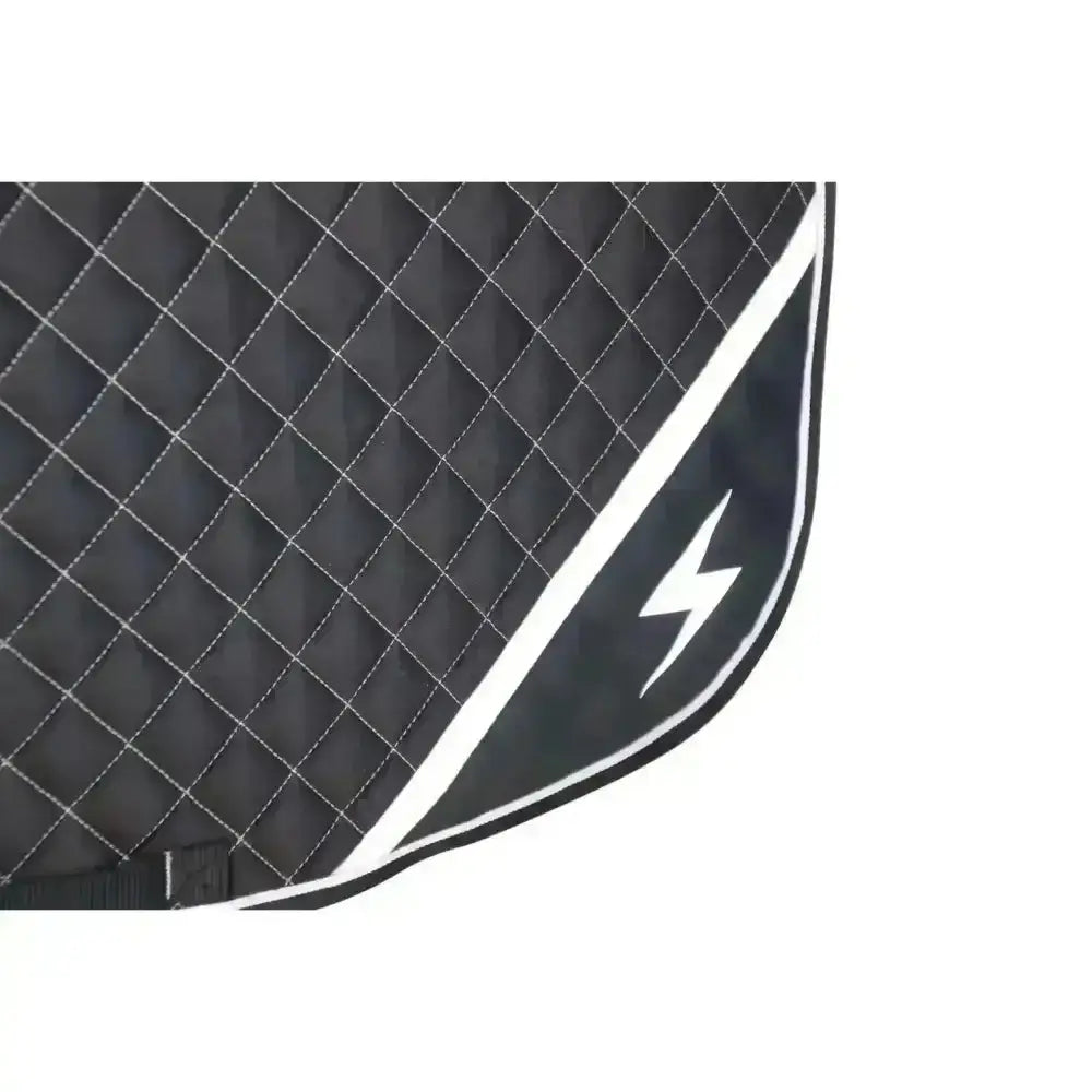 Black quilted hy equestrian silva flash saddle pad with white stitching and bold lightning bolt logo edge