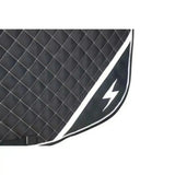 Black quilted hy equestrian silva flash saddle pad with white stitching and bold lightning bolt logo edge