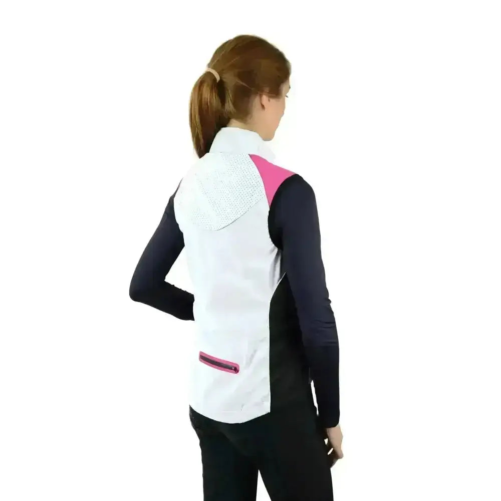 White and pink hy equestrian silva flash two tone reflective gilet with mesh paneling for active wear