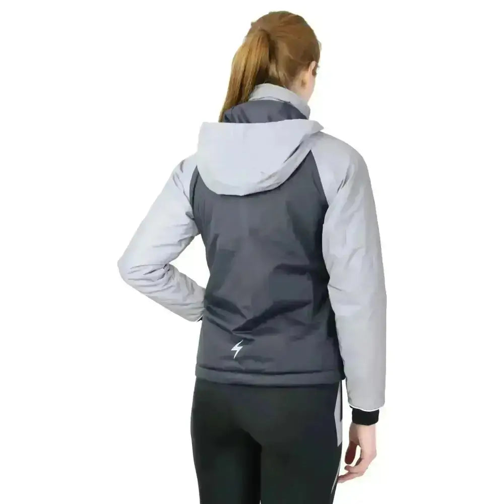 Back view of gray two-tone hy equestrian silva flash waterproof padded jacket with hood and lightning bolt logo