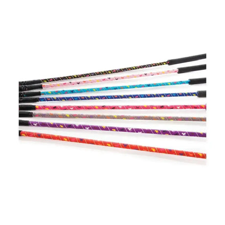 Hy equestrian silver riding whip with colorful horse print design and silver spiral shaft on black handles