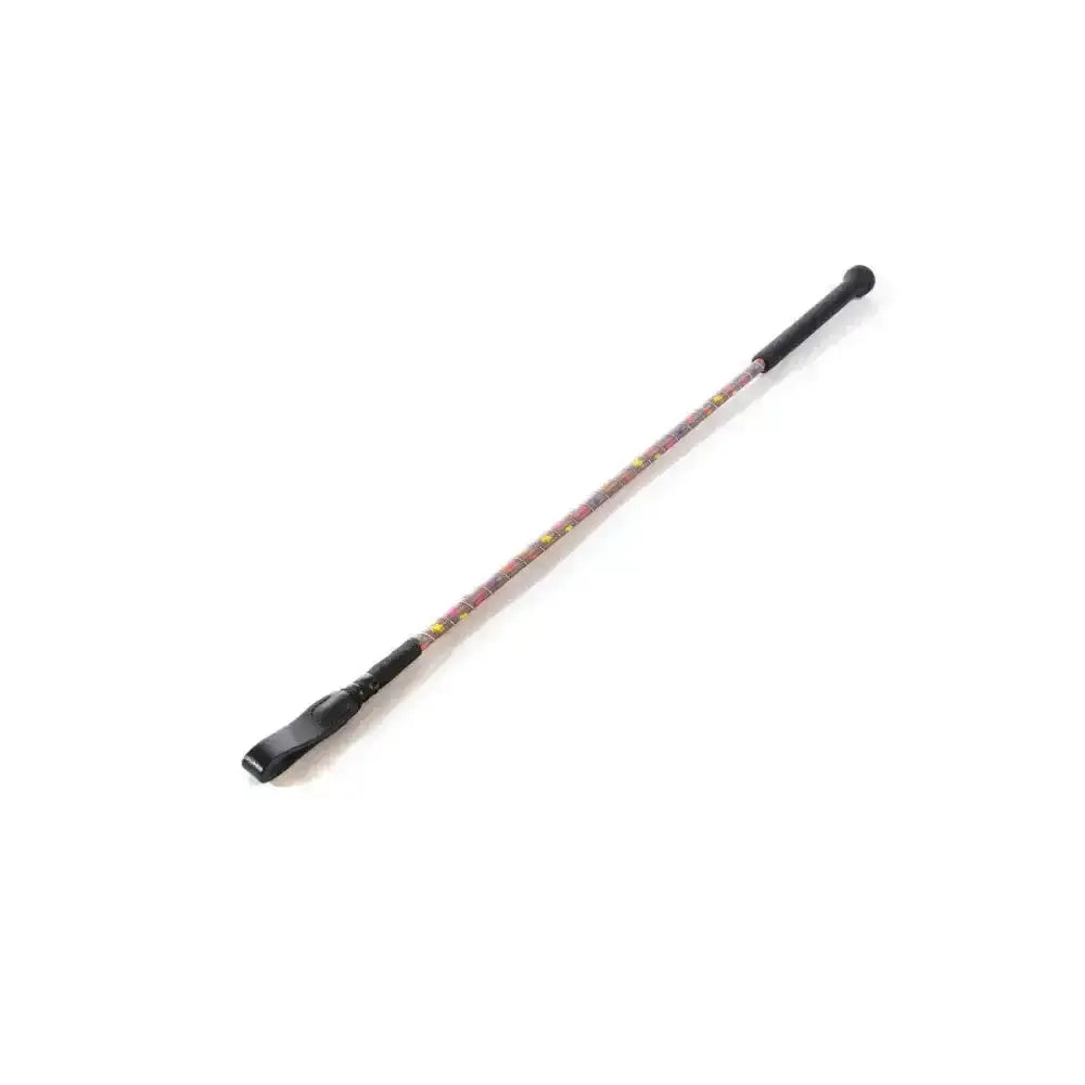 A sleek hy equestrian silver riding whip with a black ergonomic handle and textured grip for horse riding