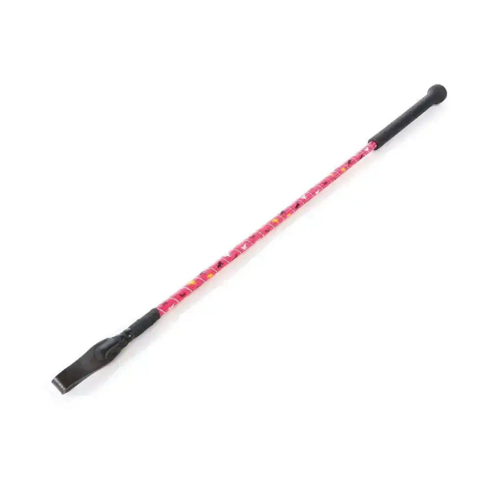 Pink patterned hy equestrian silver riding whip with black handle and tip featuring horse print design