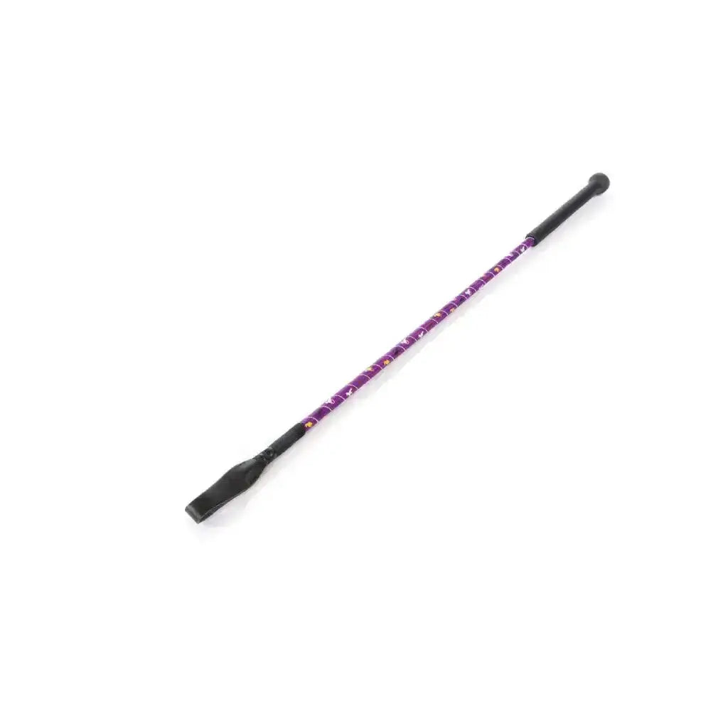 Purple patterned hy equestrian silver riding whip with black handle and tip featuring horse print design and silver spiral shaft