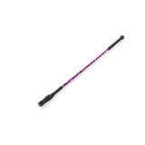 Purple patterned hy equestrian silver riding whip with black handle and tip featuring horse print design and silver spiral shaft