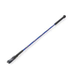 Blue patterned hy equestrian silver riding whip with black grip and silver spiral shaft featuring horse print design
