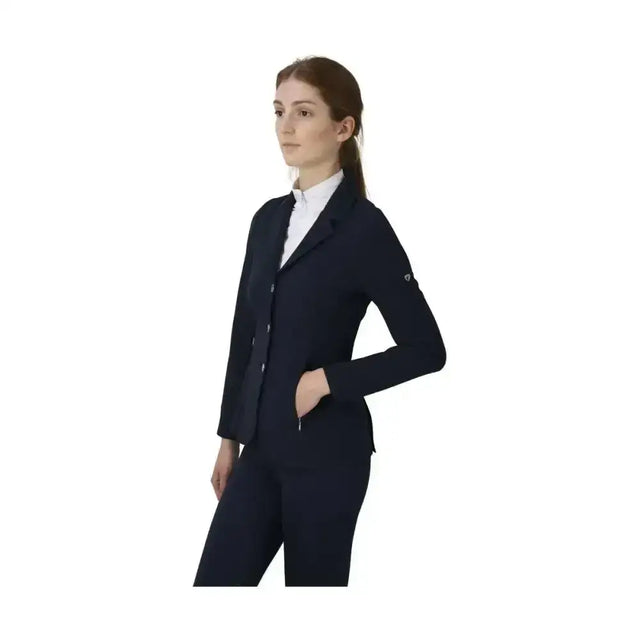 Navy blue tailored equestrian silvia jacket ladies in technical material with subtle logo on sleeve for show use