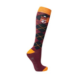 Maroon and black argyle knee-high squirrel socks with cartoon fox and orange trim for equestrian skyla riding outfit