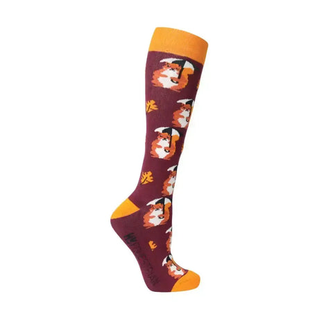 Maroon and orange hy equestrian skyla squirrel socks with playful umbrella design perfect for riding outfit