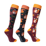 Set of three hy equestrian skyla squirrel socks in maroon black and orange with yellow accents for riding outfit