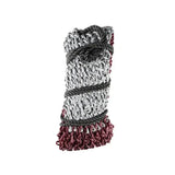 A knitted multi-colored scarf in gray and maroon showing textured pattern for equestrian slow flow haynet use