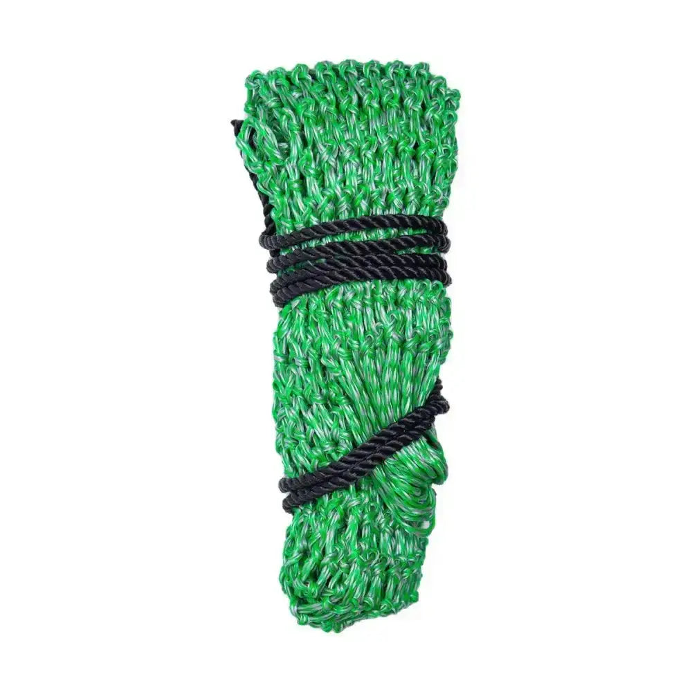 Green woven rope tightly coiled and secured with black braided cord on hy equestrian slow flow haynet for slow hay consumption