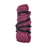 Hy equestrian slow flow haynet with a maroon and purple knitted rope scarf wrapped in black braided cord for slow hay consumption