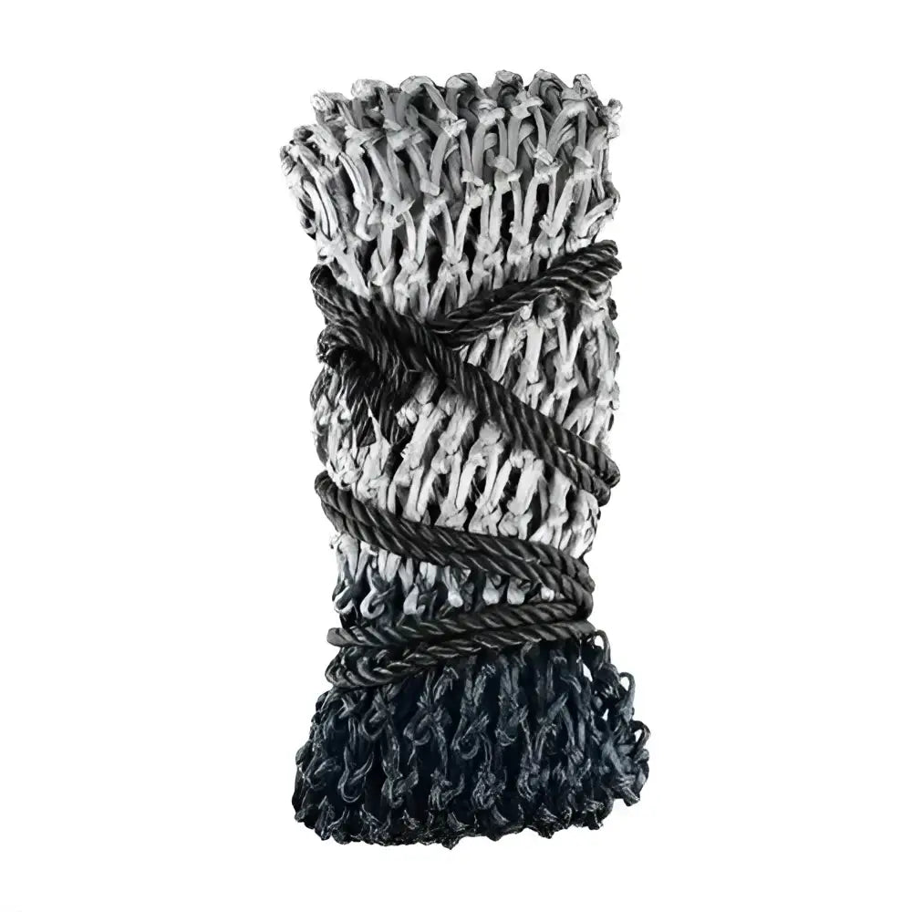 Gray and black knitted wrist warmer with textured interwoven pattern for slow flow haynet and slow hay consumption use