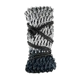 Gray and black knitted wrist warmer with textured interwoven pattern for slow flow haynet and slow hay consumption use
