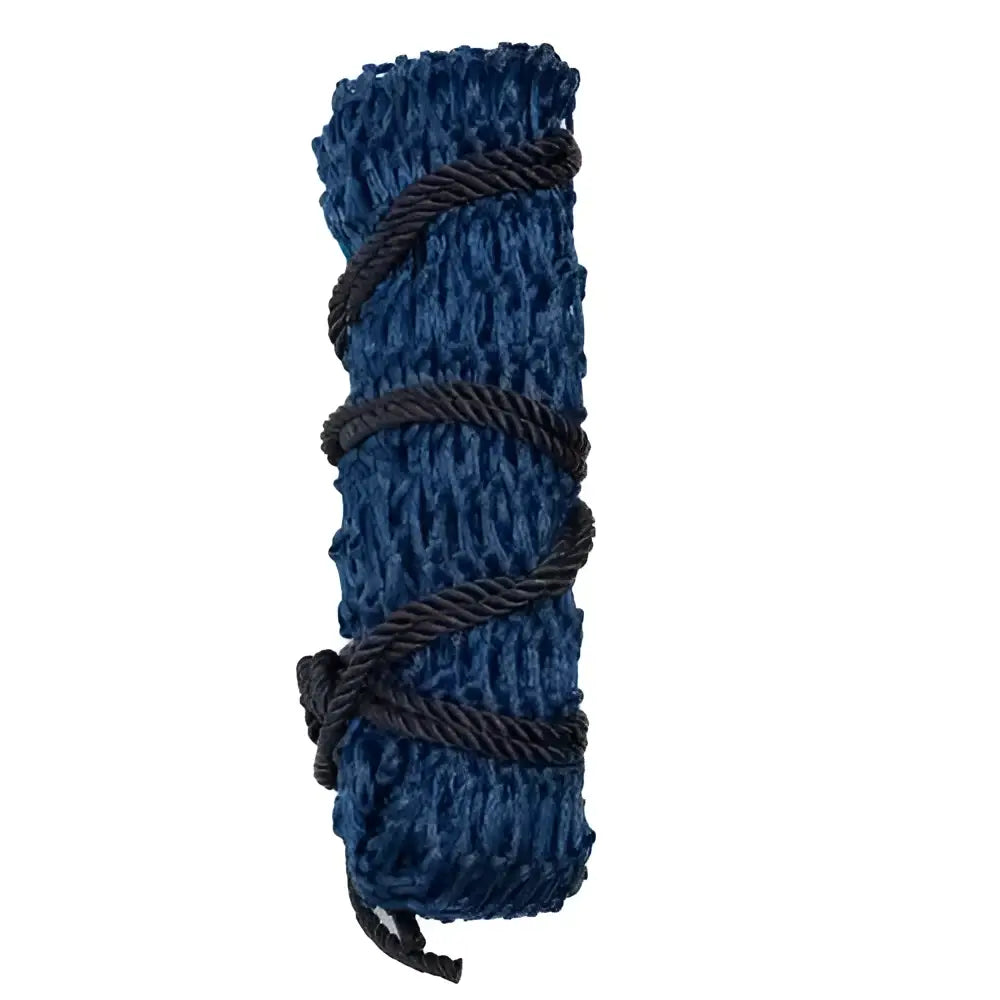 A navy blue knitted wrist warmer with dark brown rope for equestrian slow flow haynet slow hay consumption