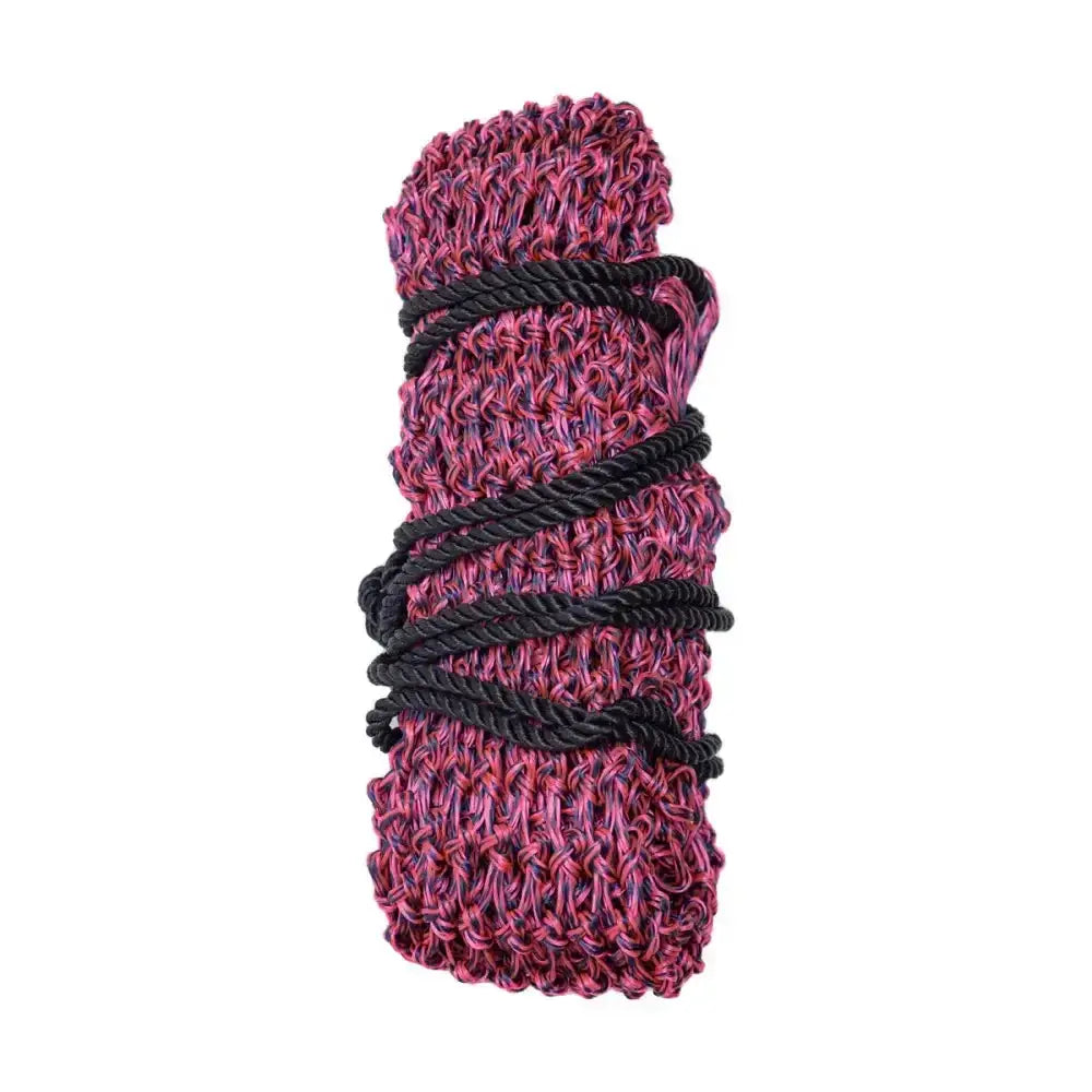 Hy equestrian slow flow haynet with maroon purple knitted rope and black braided cord for slow hay consumption