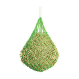 Green mesh hay bag with hanging loop from hy equestrian slow flow mini haynet for controlled lib forage feeding