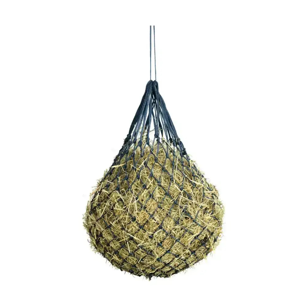 Dark blue woven slow flow mini haynet filled with golden hay for controlled lib forage feeding hanging by straps